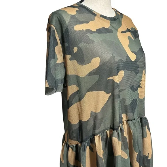 Zara Trafaluc Camo Fatigue Sheer Peplum Top Hi Lo Oversized Sz M - Picture 5 of 9